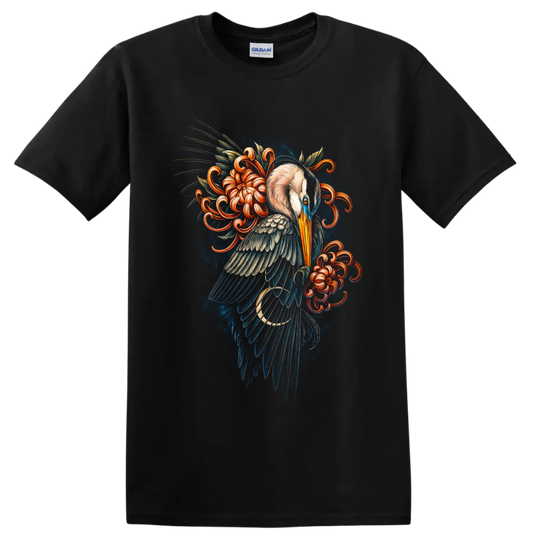 Japanese-inspired heron illustration with blue feathers and curling orange flowers on a Black T Shirt