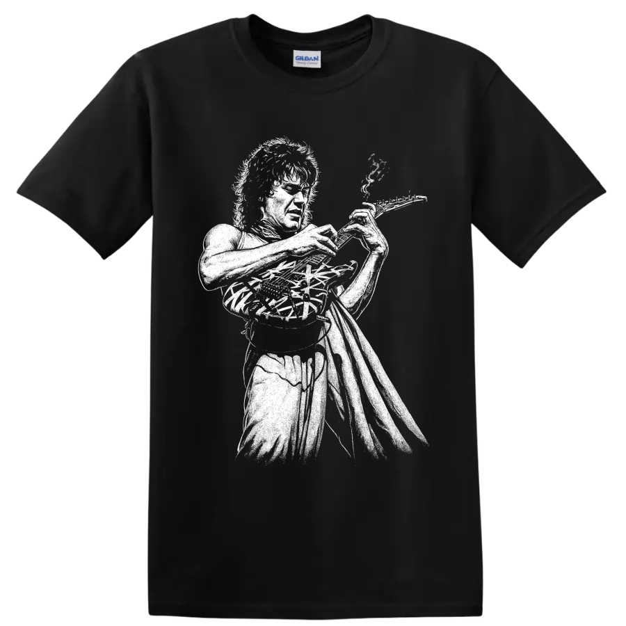 High-contrast Eddie Van Halen guitarist portrait graphic on a T shirt on a Black T Shirt
