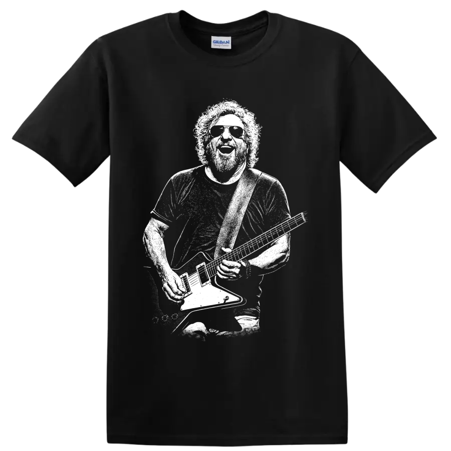 Sammy Hagar holding a guitar in a high-contrast pixelated portrait graphic T-shirt design on a Black T Shirt