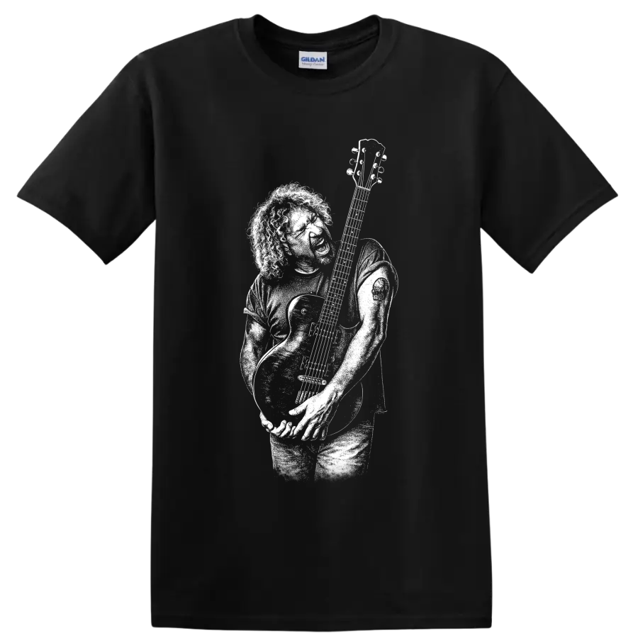 Jerry Garcia guitarist portrait graphic print T shirt design on a Black T Shirt