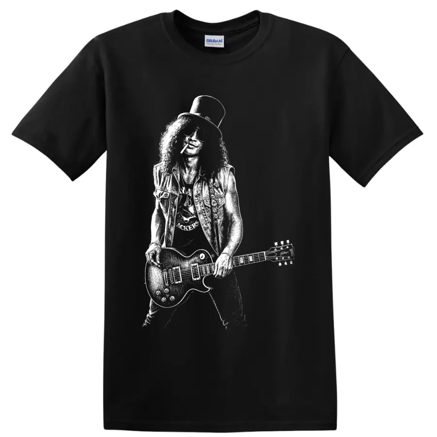 White Slash guitarist portrait with top hat, sunglasses, and guitar graphic on a T shirt on a Black T Shirt