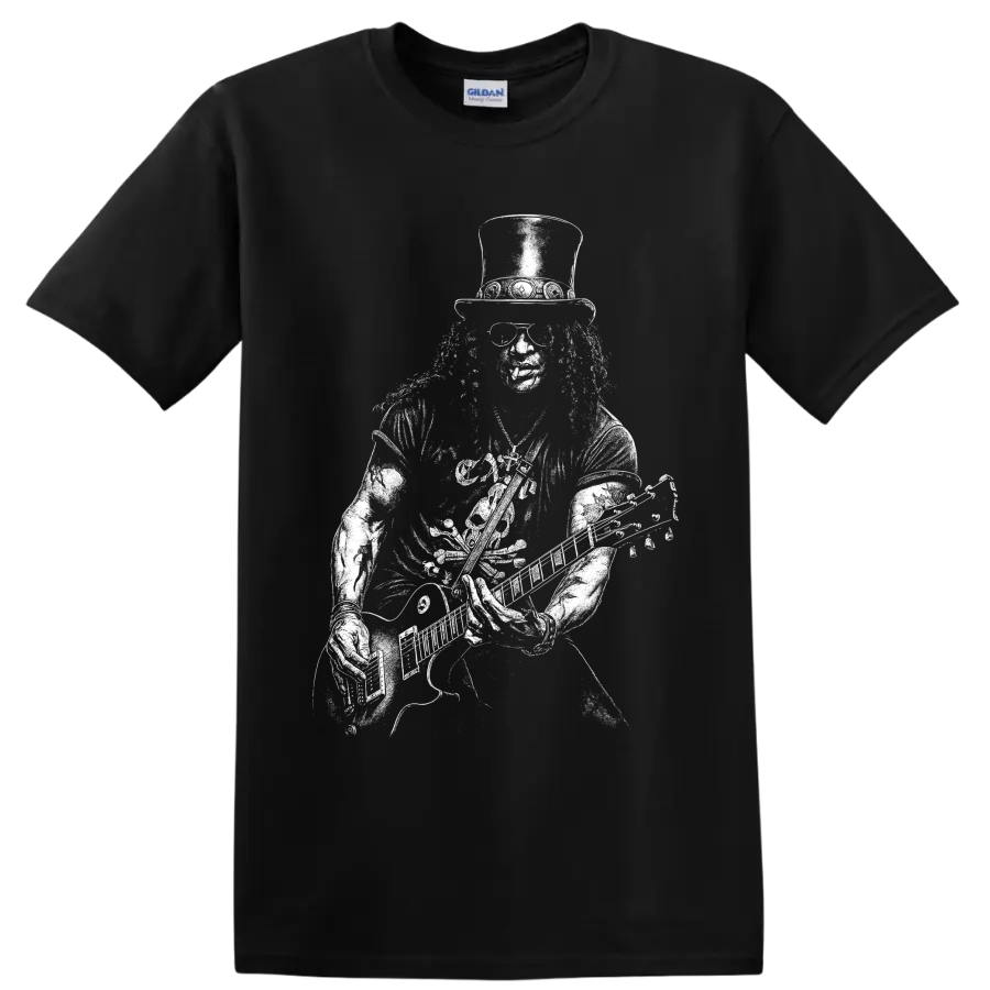 Black-and-white Slash guitarist portrait graphic with top hat and sunglasses on a Black T Shirt