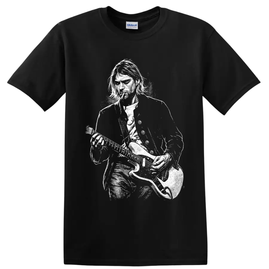 Kurt Cobain holding a guitar in a high-contrast black-and-white portrait graphic T shirt design on a Black T Shirt