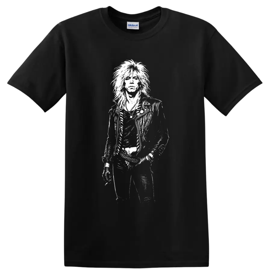 Monochrome Duff McKagan portrait holding a bass guitar on a graphic T shirt on a Black T Shirt