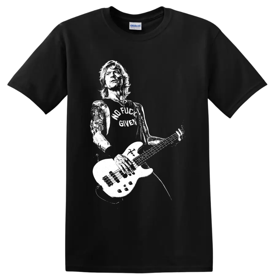 Duff McKagan-style bassist silhouette playing electric bass on a graphic T-shirt design on a Black T Shirt