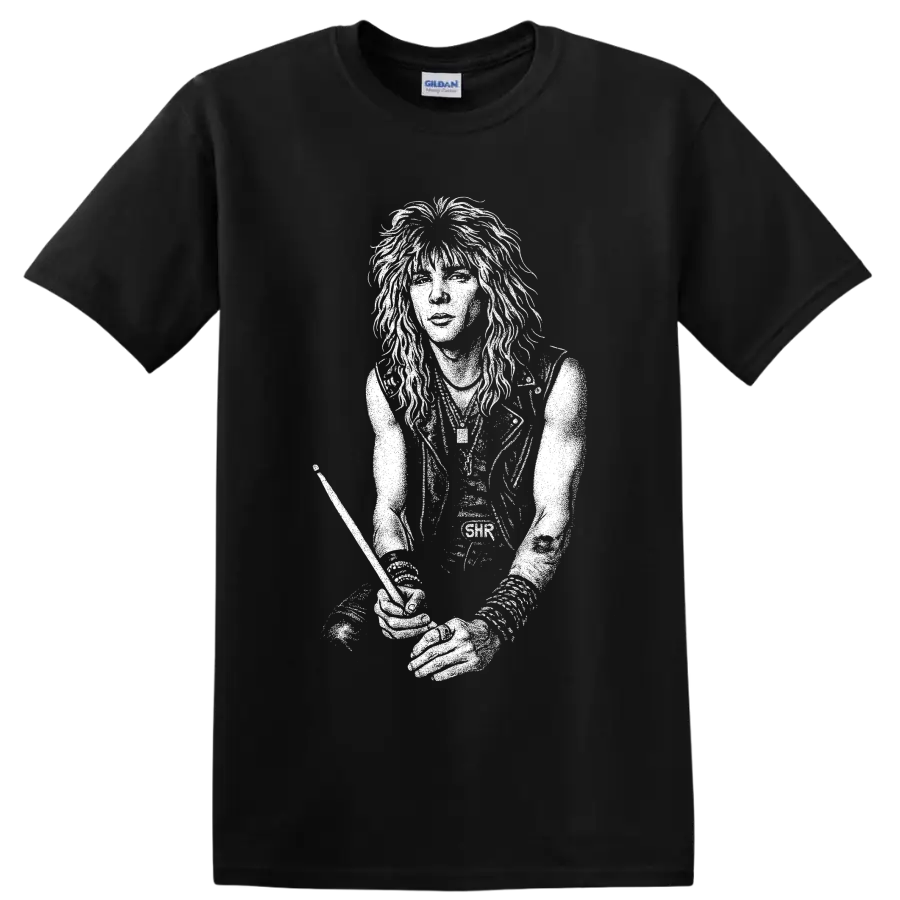 Black-and-white graphic portrait of Duff McKagan with long hair in a bold rock illustration style on a Black T Shirt