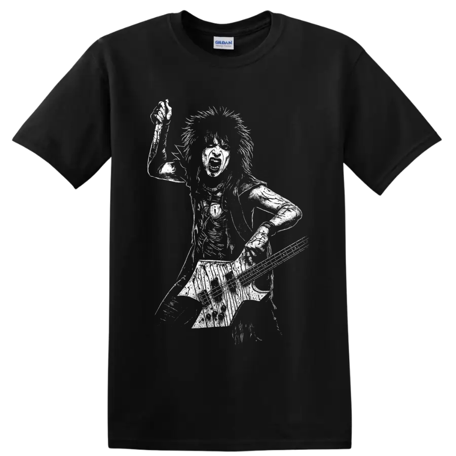 White graphic silhouette of Nikki Sixx playing bass guitar on a rock musician T shirt on a Black T Shirt