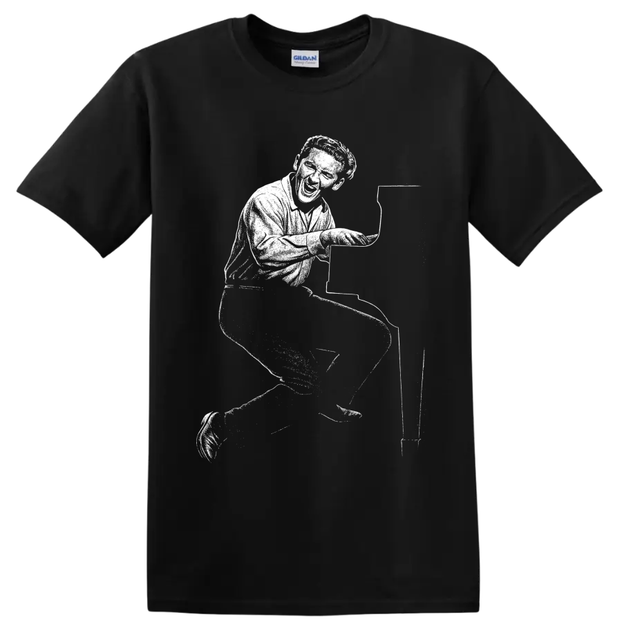 Jerry Lee Lewis-style monochrome graphic of a rock and roll pianist performing at a piano on a T shirt on a Black T Shirt