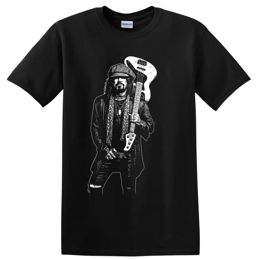 High-contrast Nikki Sixx portrait in a raw monochrome rock poster style on a Black T Shirt
