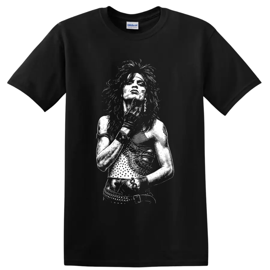 High-contrast white Tommy Lee portrait in a bold monochrome rock graphic style on a Black T Shirt