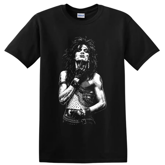 High-contrast white Tommy Lee portrait in a bold monochrome rock graphic style on a Black T Shirt