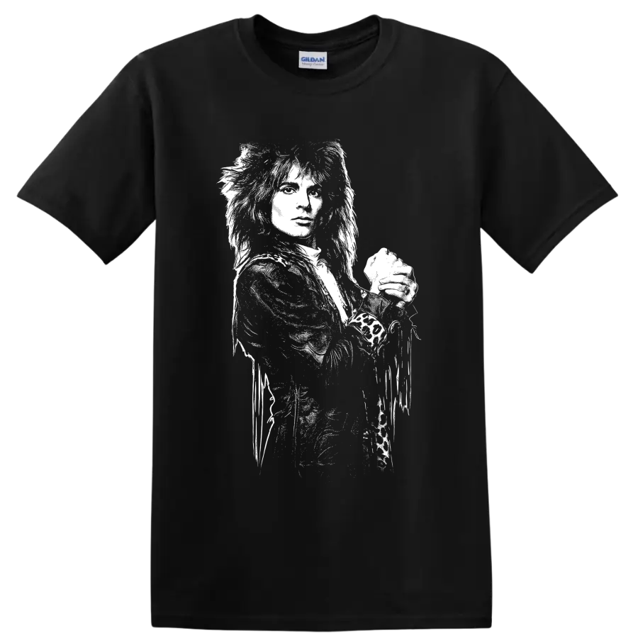 Nikki Sixx Mötley Crüe bassist portrait in high-contrast black-and-white rock art on a Black T Shirt