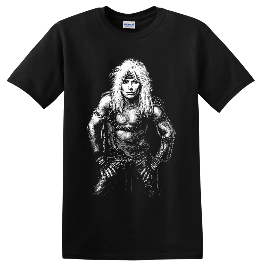 High-contrast black-and-white Vince Neil portrait in a dramatic rock performance style on a Black T Shirt