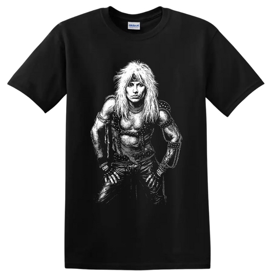 High-contrast black-and-white Vince Neil portrait in a dramatic rock performance style on a Black T Shirt