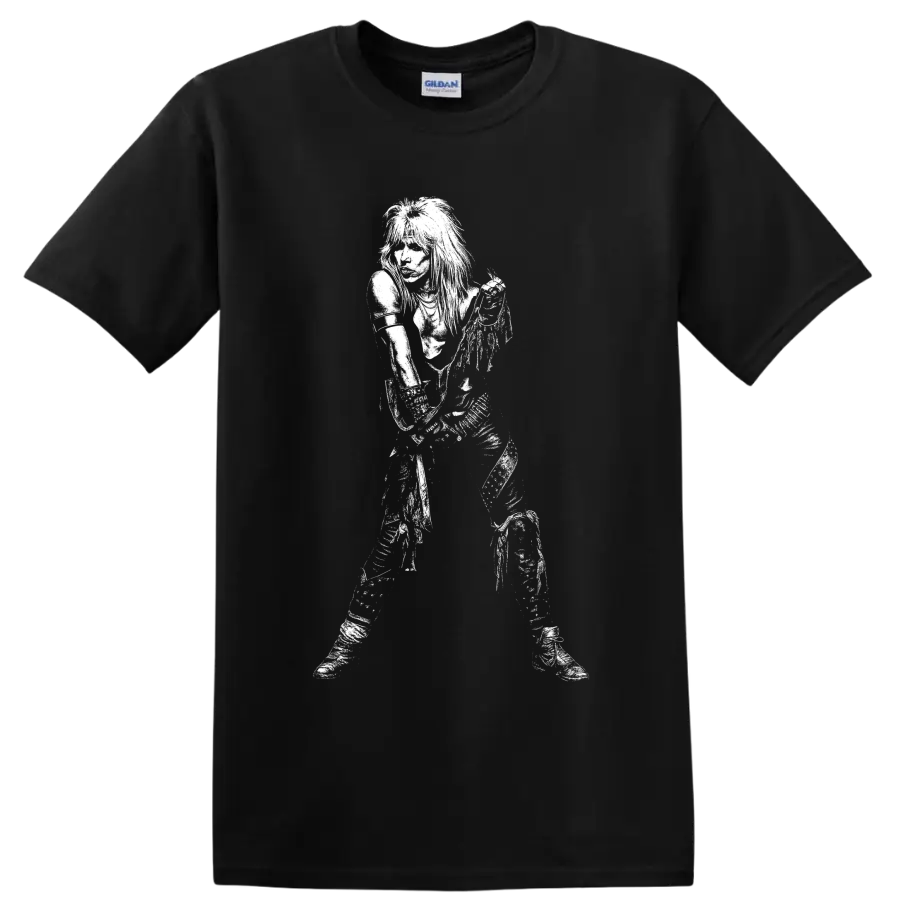 High-contrast black-and-white portrait of Vince Neil of Mötley Crüe on a Black T Shirt