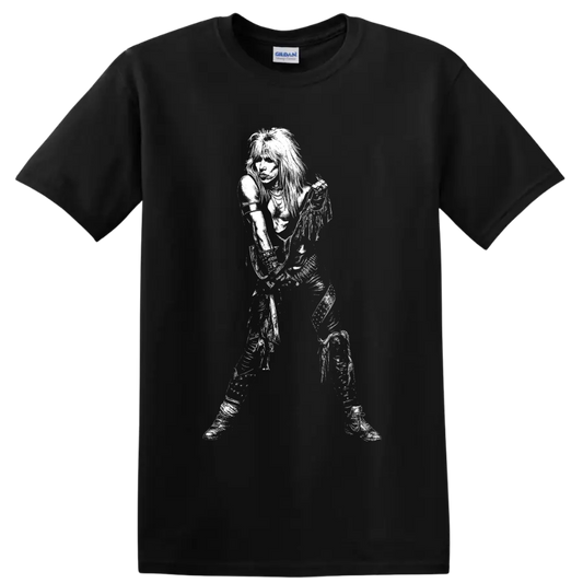 High-contrast black-and-white portrait of Vince Neil of Mötley Crüe on a Black T Shirt