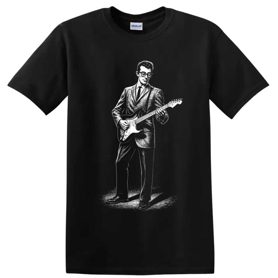 Buddy Holly inspired guitarist silhouette in bold vintage rock and roll style on a Black T Shirt