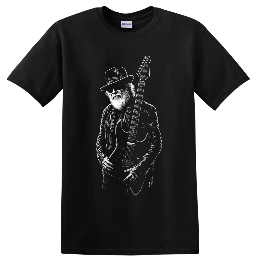 Billy Gibbons with electric guitar in bold monochrome rock portrait illustration on a Black T Shirt