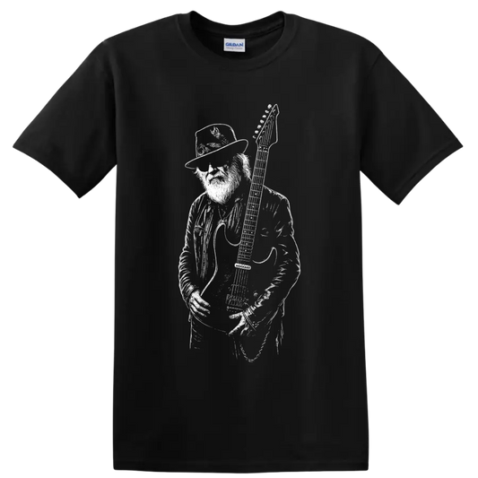 Billy Gibbons with electric guitar in bold monochrome rock portrait illustration on a Black T Shirt