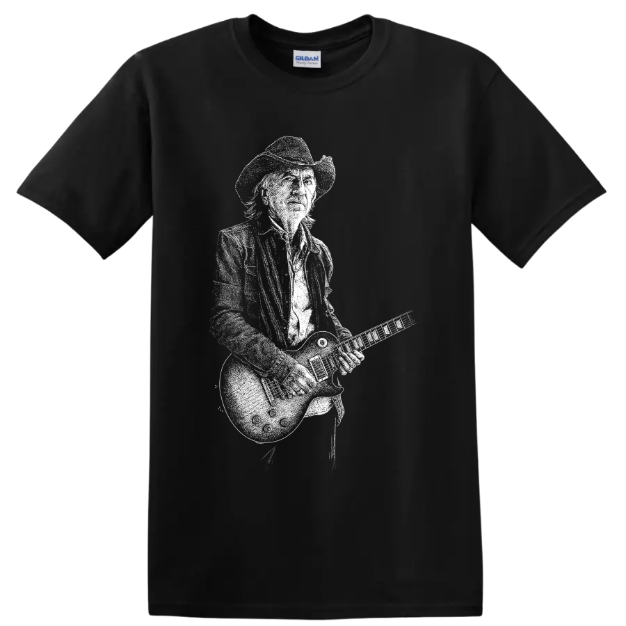 White silhouette of Stevie Ray Vaughan in hat playing guitar on a Black T Shirt