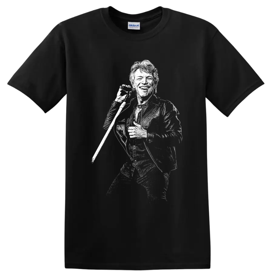 High-contrast Mick Jagger microphone portrait in black-and-white rock art on a Black T Shirt