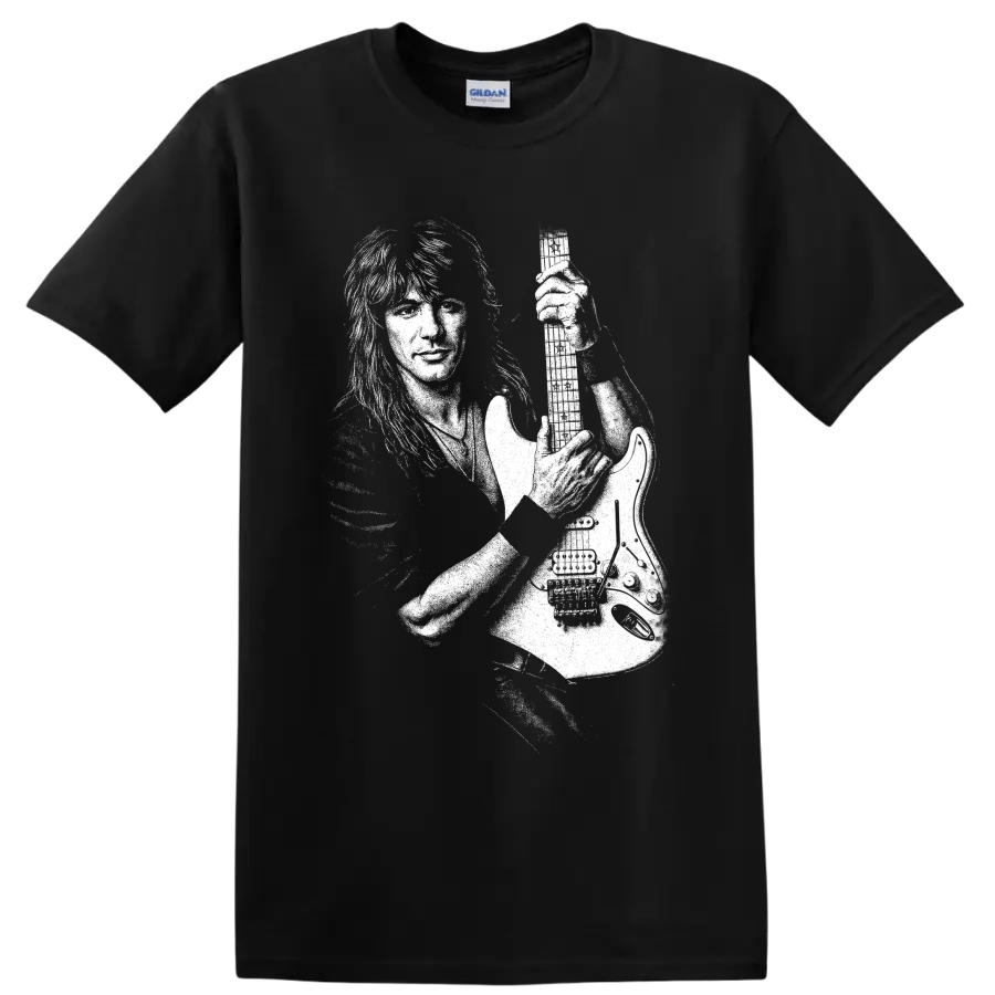 Black-and-white Richie Sambora guitarist stage portrait graphic on a Black T Shirt