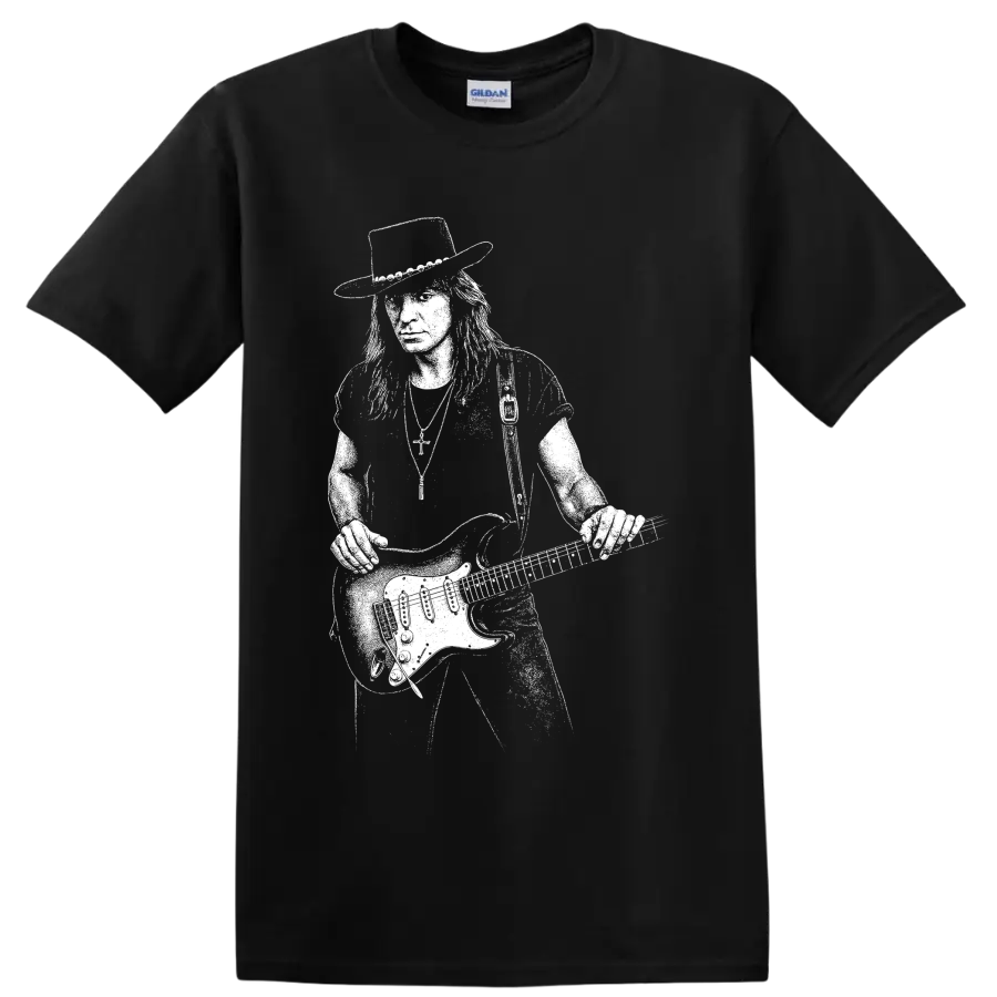White guitarist performance silhouette with raised electric guitar on a Black T Shirt