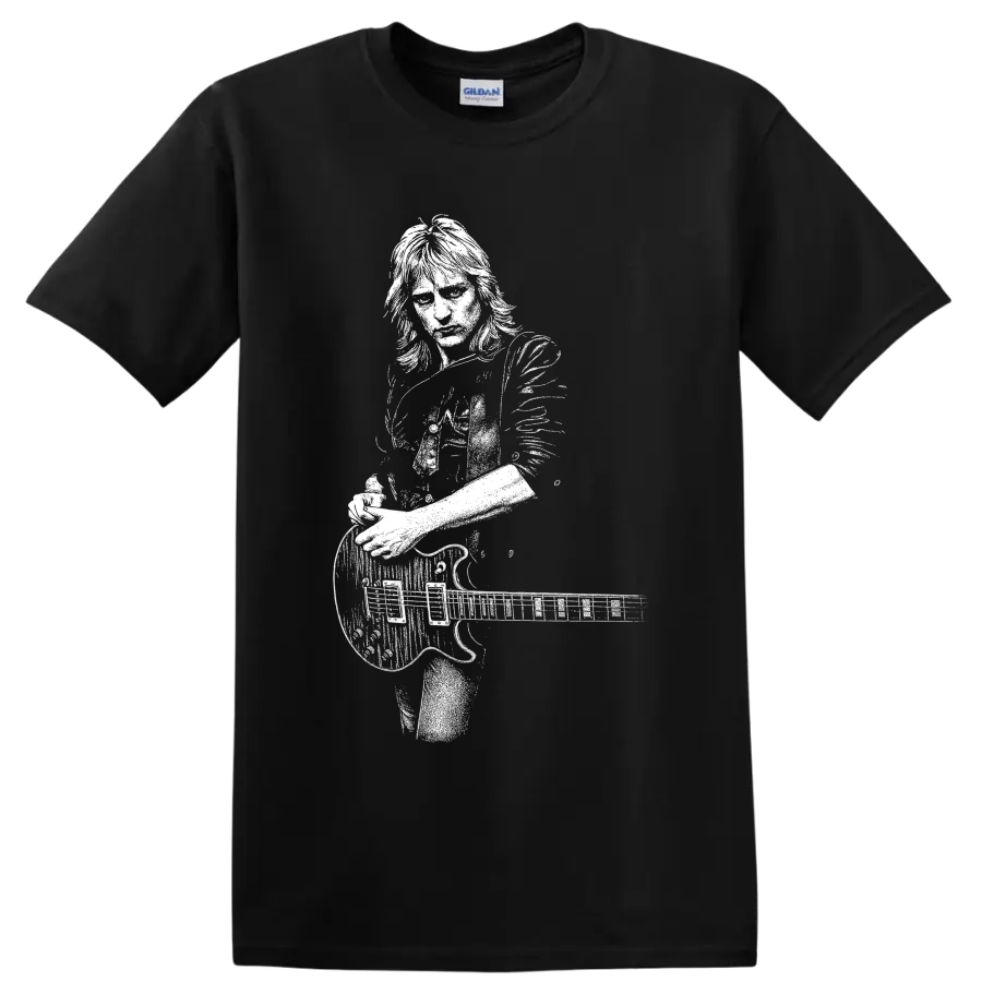 Phil Collen of Def Leppard playing guitar in a bold monochrome portrait illustration on a Black T Shirt