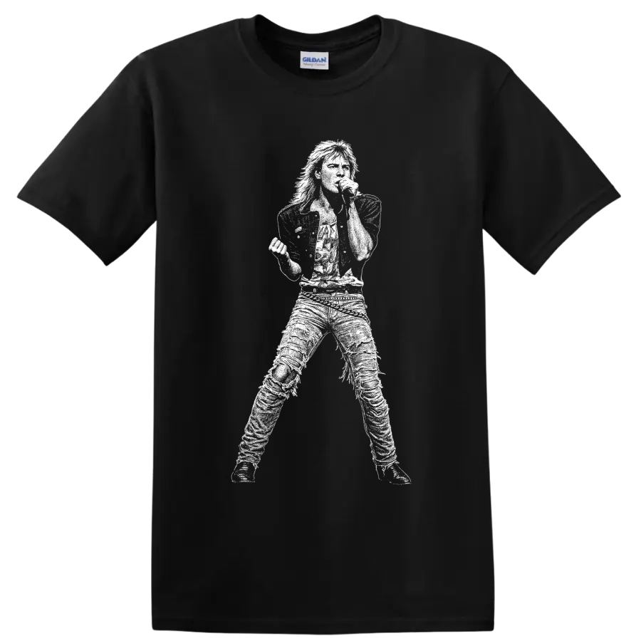 Joe Elliott Def Leppard singer silhouette holding microphone in bold graphic style on a Black T Shirt