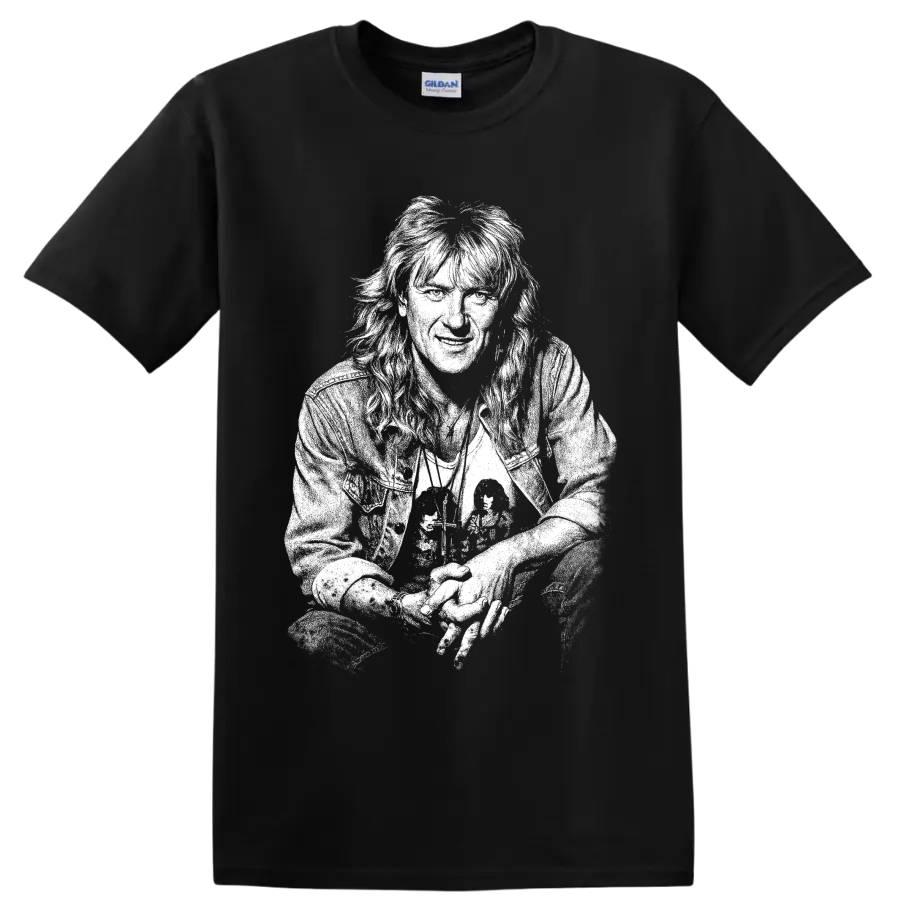 High-contrast Joe Elliott Def Leppard British rock singer portrait graphic on a Black T Shirt