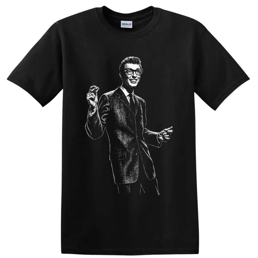 Buddy Holly guitarist silhouette in bold black-and-white rock and roll graphic style on a Black T Shirt
