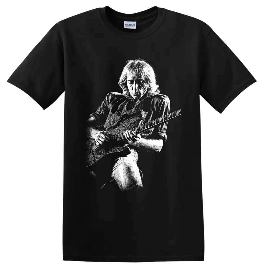 Glenn Tipton of Judas Priest playing guitar in a bold monochrome portrait design on a Black T Shirt