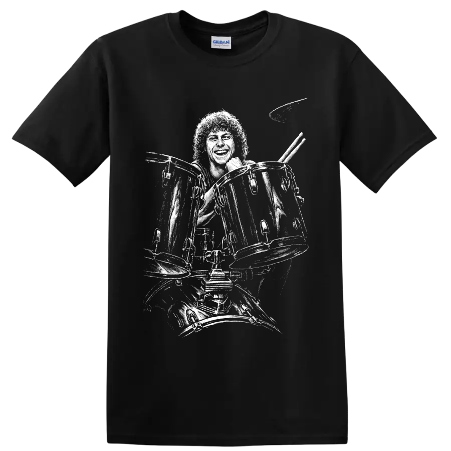 High-contrast Tommy Aldridge rock drummer silhouette performing behind a drum kit on a Black T Shirt