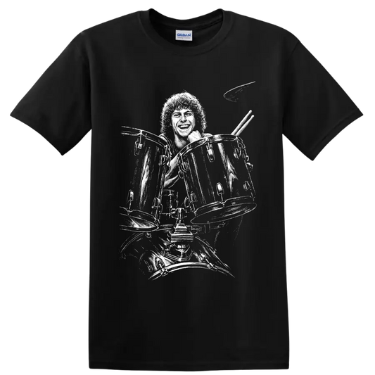 High-contrast Tommy Aldridge rock drummer silhouette performing behind a drum kit on a Black T Shirt