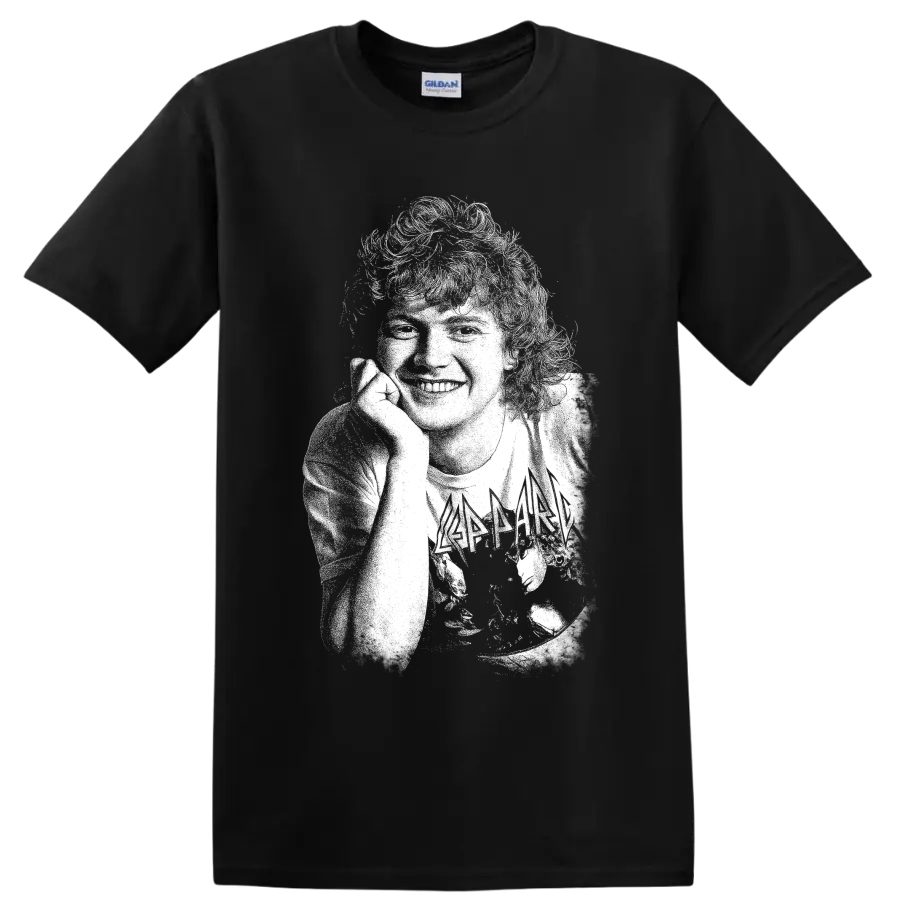 High-contrast Rick Allen drummer portrait with drum kit rock artwork on a Black T Shirt