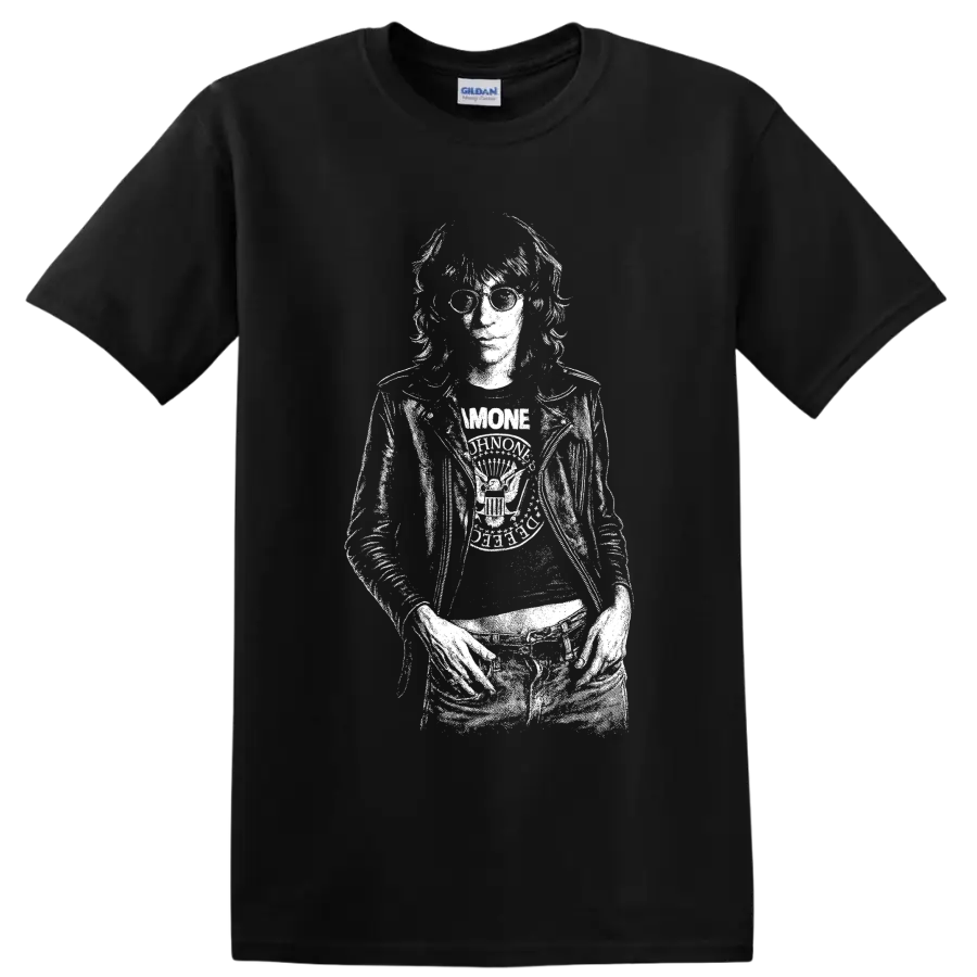 High-contrast black-and-white Joey Ramone punk rock singer portrait with microphone on a Black T Shirt