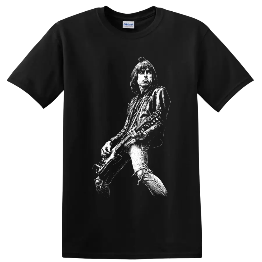 High-contrast Joey Ramone portrait with microphone in vintage punk rock style on a Black T Shirt