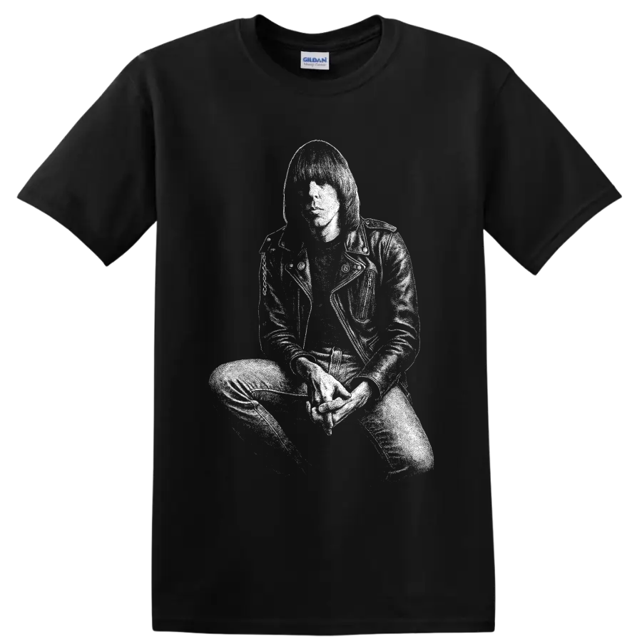 White stencil-style Joey Ramone portrait in sunglasses and leather jacket on a Black T Shirt
