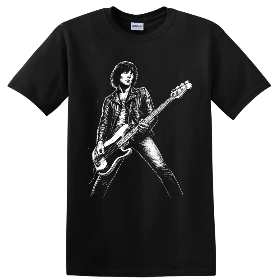 Dee Dee Ramone bass guitarist portrait in stark black-and-white punk style on a Black T Shirt