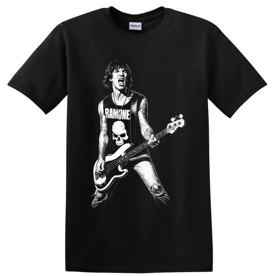 Dee Dee Ramone playing bass in a bold white punk rock silhouette on a Black T Shirt