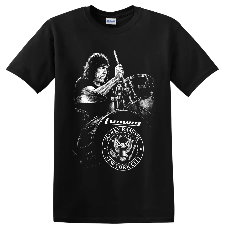 High-contrast Marky Ramone drummer portrait with drum kit in punk rock art on a Black T Shirt