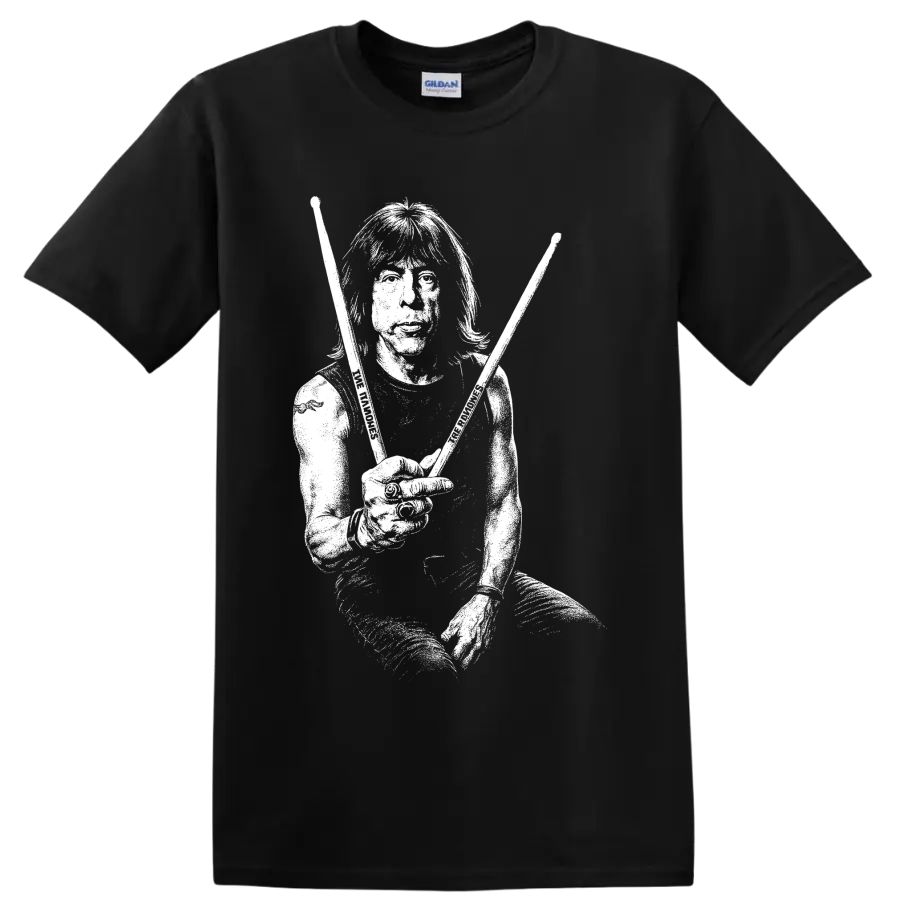 Marky Ramone portrait in stark black-and-white punk rock illustration on a Black T Shirt