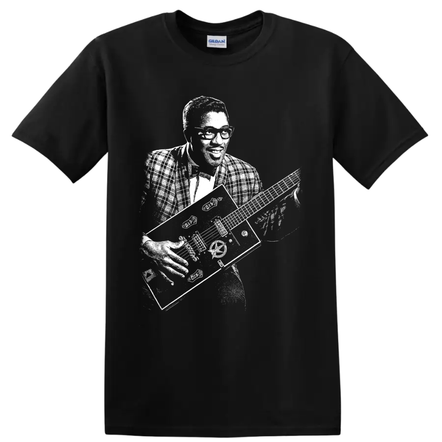 Bo Diddley black-and-white portrait with square guitar in vintage performance style on a Black T Shirt