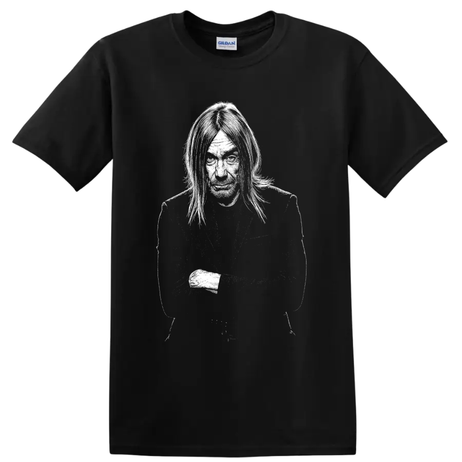 High-contrast Iggy Pop performance portrait graphic with microphone on a Black T Shirt