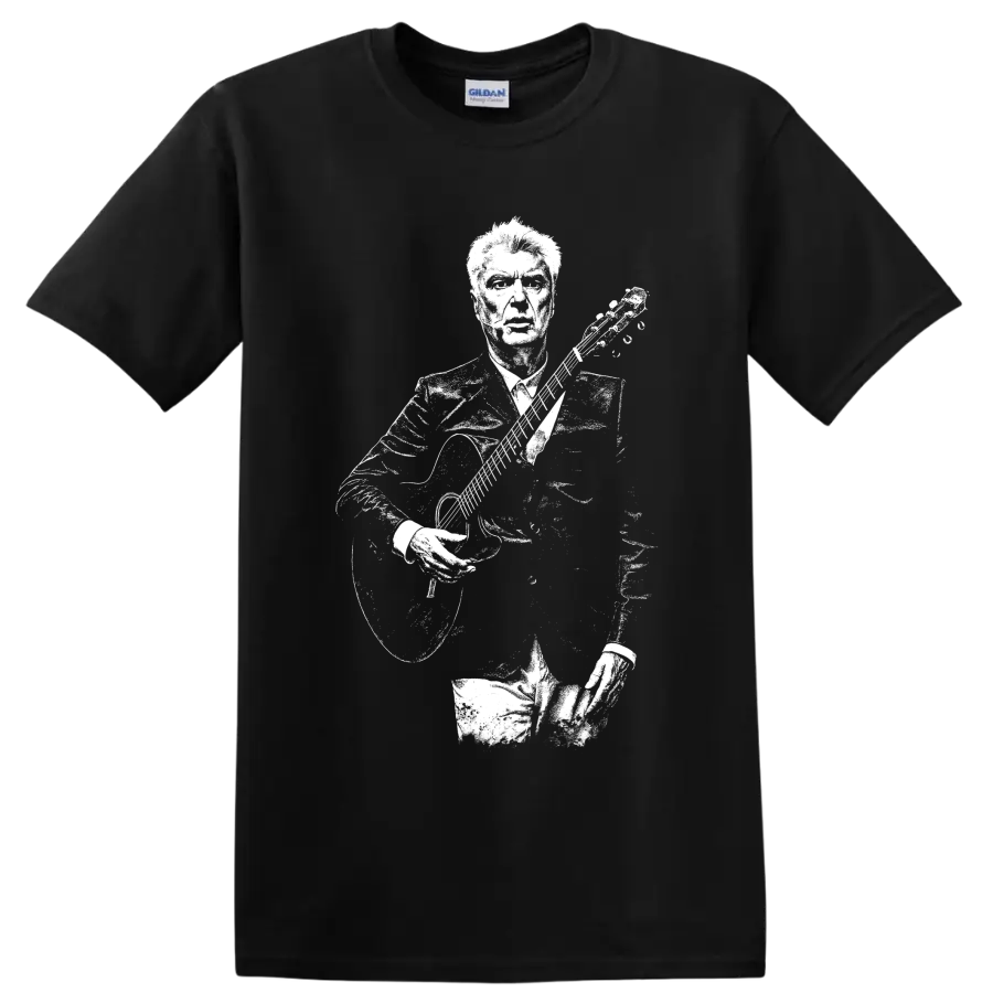 David Byrne with guitar in a high-contrast stencil portrait style on a Black T Shirt