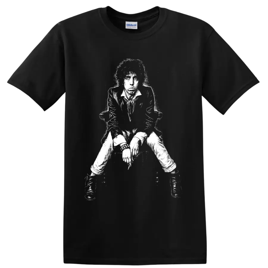 High-contrast Mick Jagger portrait graphic inspired by The Rolling Stones on a Black T Shirt