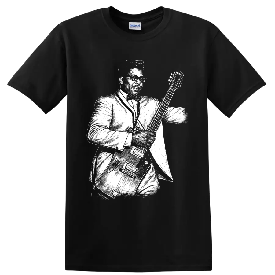Bo Diddley playing guitar in bold white rock and roll silhouette artwork on a Black T Shirt