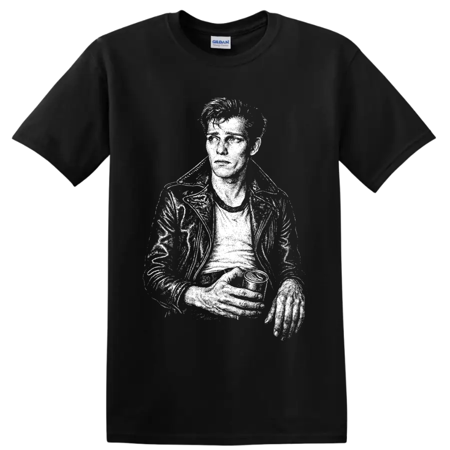 Paul Simonon of The Clash holding bass in a high-contrast pixelated portrait on a Black T Shirt
