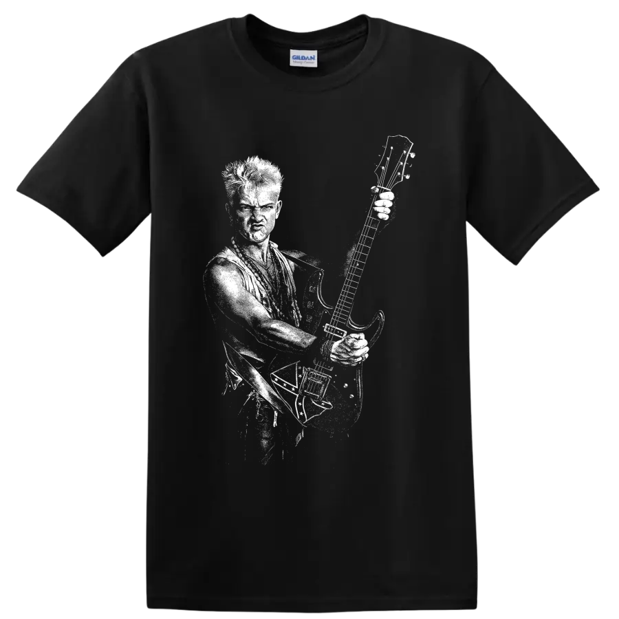 Billy Idol raised fist and microphone punk rock concert portrait graphic on a Black T Shirt