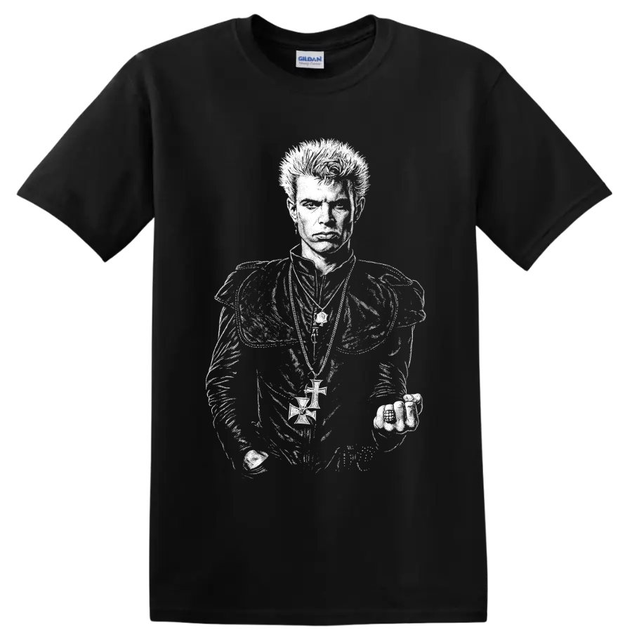 High-contrast Billy Idol portrait in a bold punk rock illustration style on a Black T Shirt